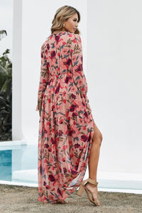 Thumbnail for Floral Frill Trim Flounce Sleeve Plunge Maxi Dress