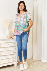 Thumbnail for Perfee Floral Tie Neck Short Sleeve Blouse