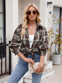 Thumbnail for Mandy Pocketed Plaid Collared Neck Long Sleeve Shirt