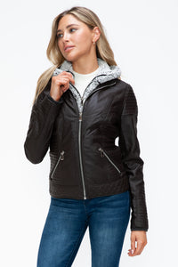 Thumbnail for YMI Faux Layered Double-Zipper Jacket with Fuzzy Hood