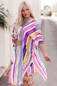 Thumbnail for Striped Side Slit Open Front Cardigan