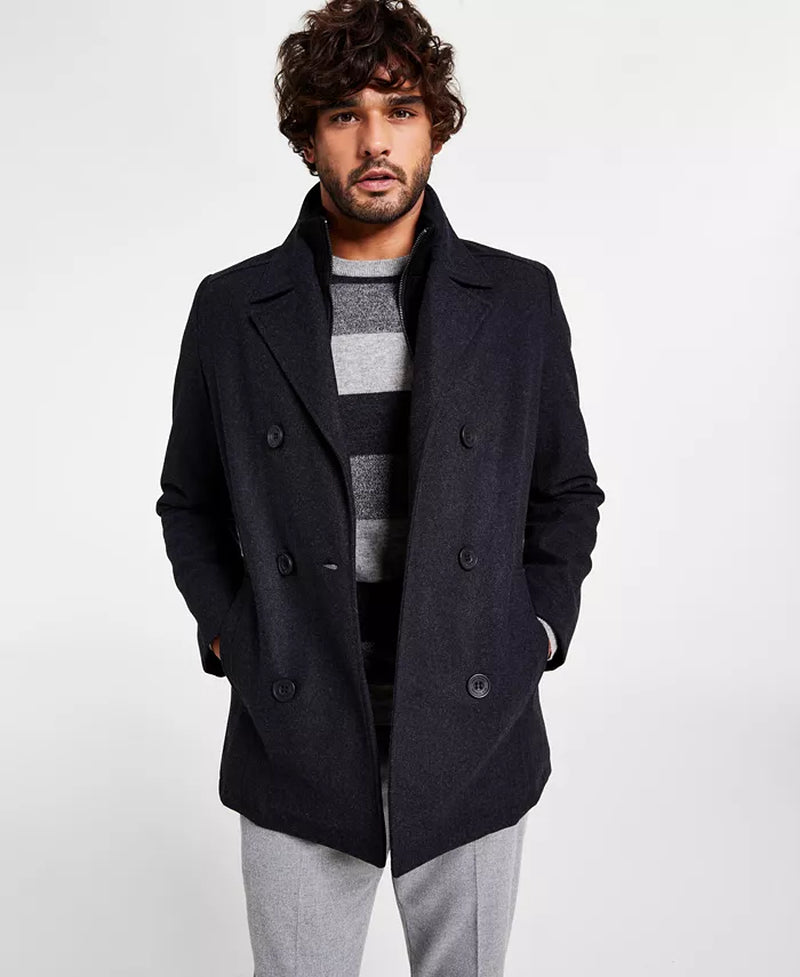 Men'S Double Breasted Wool Blend Peacoat with Bib