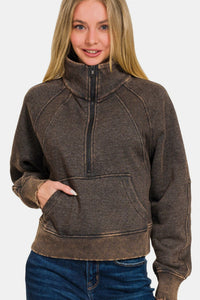 Thumbnail for Zenana Acid Washed Half Zip Fleece Sweatshirt