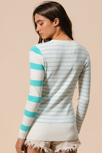 Thumbnail for BiBi Contrast Striped Asymmetrical Hem Knit Top