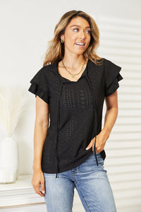 Thumbnail for Mandy Eyelet Tie-Neck Flutter Sleeve Blouse