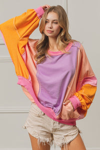 Thumbnail for BiBi Color Block Exposed Seam Sweatshirt with Pockets