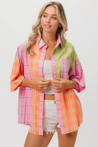 Thumbnail for BiBi Plaid Collared Neck Half Sleeve Shirt