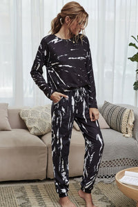 Thumbnail for Shiny Tie-Dye Round Neck Top and Drawstring Waist Joggers Lounge Set