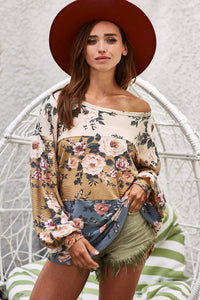 Thumbnail for BiBi Floral Jacquard Color Block Top