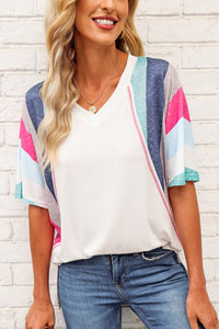 Thumbnail for Rainbow Stripe Slit V-Neck T-Shirt