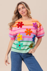 Thumbnail for BiBi Flower Patch Puff Sleeve Striped Sweater