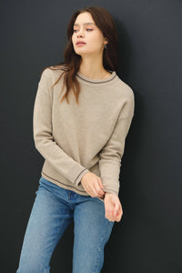 Thumbnail for Be Cool Striped Trim Round Neck Long Sleeve Sweater