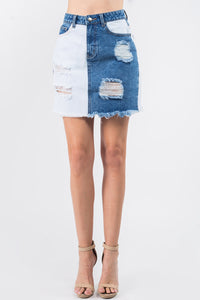 Thumbnail for American Bazi Contrast Patched Frayed Denim Distressed Skirts