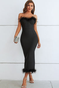 Thumbnail for Feather Trim Strapless Sweetheart Neck Dress