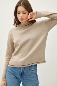 Thumbnail for Be Cool Striped Trim Round Neck Long Sleeve Sweater