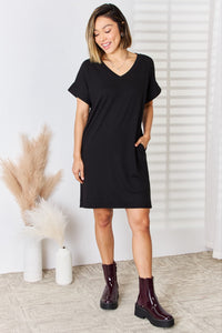 Thumbnail for Zenana Full Size Rolled Short Sleeve V-Neck Dress