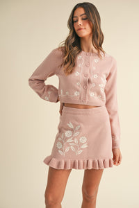 Thumbnail for MABLE Floral Embroidered Crop Cardigan and Ruffled Mini Skirt Set