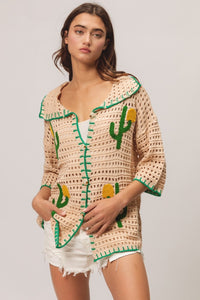 Thumbnail for BiBi Edge Stitched Cactus Patch Sweater Cardigan