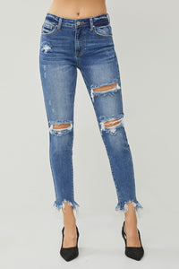 Thumbnail for RISEN Distressed Frayed Hem Slim Jeans