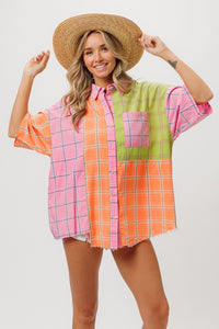 Thumbnail for BiBi Plaid Collared Neck Half Sleeve Shirt