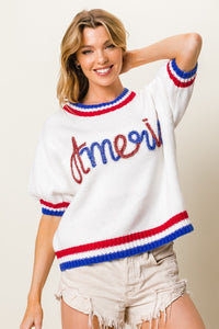 Thumbnail for BiBi Metallic America Letter Short Sleeve Sweater