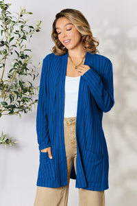 Thumbnail for Basic Bae Full Size Ribbed Open Front Cardigan with Pockets