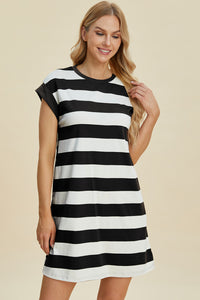 Thumbnail for Basic Bae Full Size Striped Round Neck Cap Sleeve Mini Dress