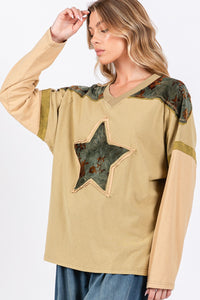 Thumbnail for SAGE + FIG Star Patch Long Sleeve Color Block T-Shirt