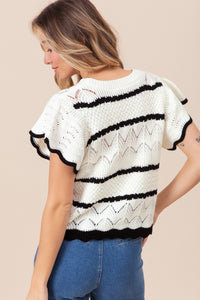 Thumbnail for BiBi Pointelle Contrast Striped Short Sleeve Knit Top