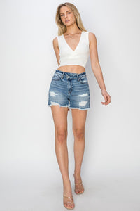 Thumbnail for RISEN Stepped Waist Frayed Denim Shorts