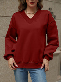 Thumbnail for V-Neck Long Sleeve Dropped Shoulder Sweatshirt