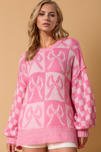 Thumbnail for Double Take Full Size Checkered Bow Contrast Long Sleeve Sweater