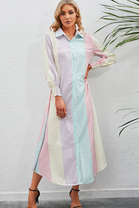 Thumbnail for Rainbow Stripe Button-Up Maxi Shirt Dress