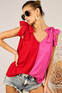 Thumbnail for BiBi Shoulder Ribbon Tied Contrast Tank