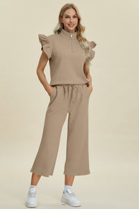 Thumbnail for Double Take Full Size Texture Ruffle Short Sleeve Top and Wide Leg Pants Set