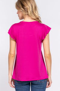 Thumbnail for ACTIVE BASIC Ruffle Short Sleeve Lace Detail Knit Top