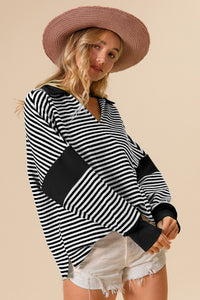 Thumbnail for BiBi Striped Contrast Long Sleeve Knit Top