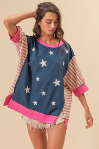 Thumbnail for BiBi US Flag Theme Color Block Star Patch T-Shirt