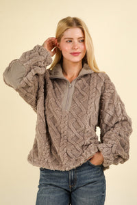 Thumbnail for VERY J Fuzzy Fleece Half Zip Cable Pattern Sweatshirt