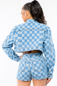 Thumbnail for American Bazi Checkered Long Sleeve Cropped Denim Jacket