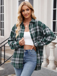 Thumbnail for Mandy Pocketed Plaid Collared Neck Long Sleeve Shirt