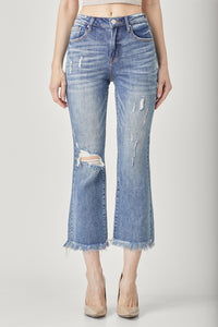 Thumbnail for RISEN High Waist Distressed Cropped Bootcut Jeans