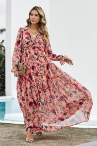 Thumbnail for Floral Frill Trim Flounce Sleeve Plunge Maxi Dress