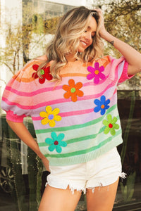 Thumbnail for BiBi Flower Patch Puff Sleeve Striped Sweater