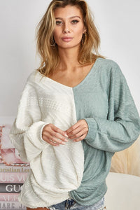 Thumbnail for BiBi Twist Front Contrast Cable Knit Top