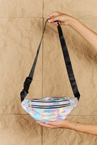 Thumbnail for Fame Good Vibrations Holographic Double Zipper Fanny Pack in Silver