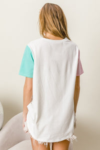 Thumbnail for BiBi Letter Patch V-Neck Color Block Short Sleeve T-Shirt