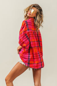 Thumbnail for BiBi Button Up Dolman Sleeve Plaid Shirt