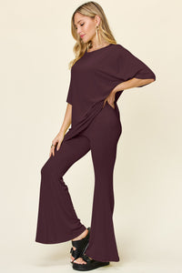 Thumbnail for Double Take Full Size Round Neck Drop Shoulder T-Shirt and Flare Pants Set