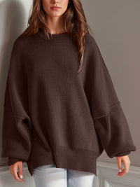 Thumbnail for Double Take Side Slit Round Neck Long Sleeve Sweater